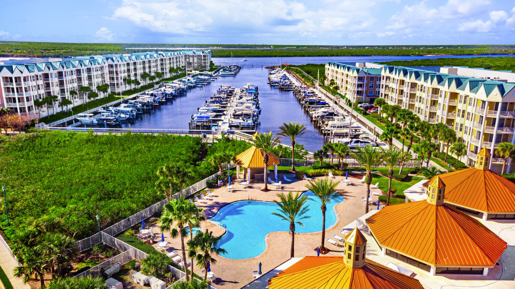 habour village drone view over looking units and boat dock